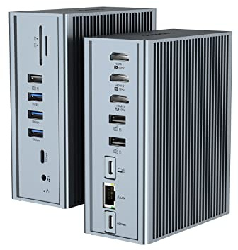 Qhou Docking Station USB-C 16 in 1 Docking Station USB C, tripla HDMI, 100 W PD, Ethernet, audio da 3,5 mm, 2 USB A e USB C, SD/TF per computer portatili Mac Pro/Air e Thunderbolt 3