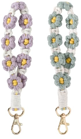 2 Stück Boho Armband Schlüsselband, Anhänger Lanyard Keychain Angenehm zu Tragen, Makramee Handgefertigtes Armband mit Gänseblümchen-Design, Schönes Geschenk für Frauen Mädchen, 19CM (Grün+Lila)