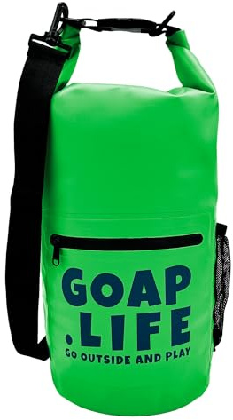 GOAP Dry Bag Waterproof 10L Beach, Fishing, Camping, Hiking, Rolltop, Crossbody Strap, Water Bottle Pocket, Zipper Pocket (Green)