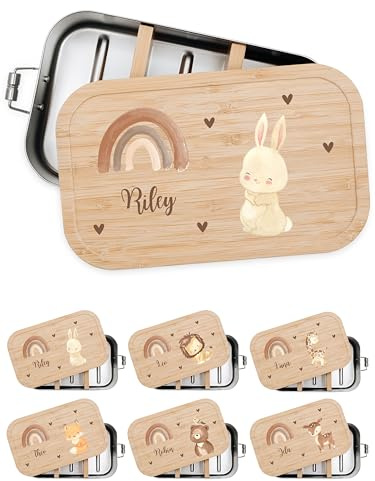 Bärenfreunde Brotdose Edelstahl Kinder personalisiert, Vesperdose Holz | Süße Kindergarten Lunchbox mit Bambusdeckel oder Namen für Kleinkinder, mit Fächern graviert als Geschenk, Dino, Traktor