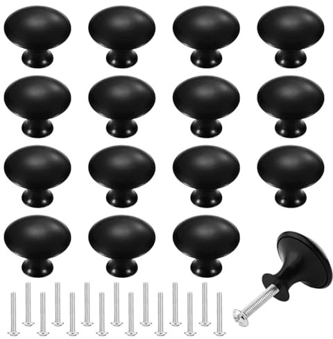 16 Piezas Pomo para Armario Redondo Negro Mat, 30mm Tiradores Cajones con 16 Tornillos, Tirador de Puerta de Armario, Negro Pomos y Tiradores, Perillas Redondas para Puertas Cocina Mueble Gabinetes