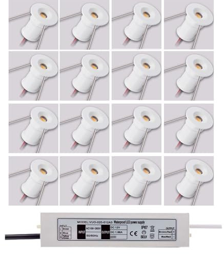 LGJEGD LED-Einbaustrahler 12V 1W White Shell 15mm Einbaustrahler dimmbar mit 36W Transformator, 16Pack (RGB,30 Degrees)