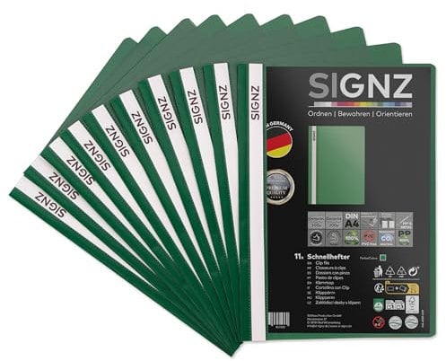 SIGNZ Schnellhefter DIN A4, stabil, 11 Stück, grün, transparenter Deckel, CO2-neutral hergestellt, aus recycelbarem Kunststoff (PP), FSC Mix 70%, made in Germany