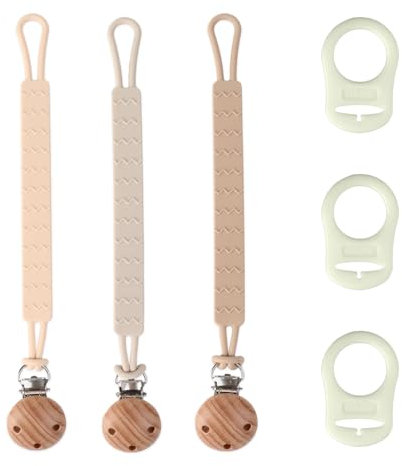 3 Stück Schnullerkette Silikon, Flexible Schnullerband im Einteiligen Design, Langlebig Schnullerketten mit Schnullerclip Holz und Silikonring für Schnullerkette, für Mädchen und Junge