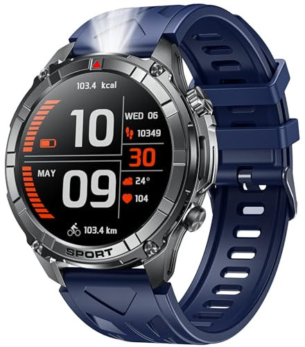 Montre Connectée Homme Sport Smartwatch: 1.52 Ronde Militaire Smart Watch avec Appels Bluetooth Lecteur de Fréquence Cardiaque SpO2 Lampe de Poche LED IP68 Étanche Fitness Tracker pour iOS Android