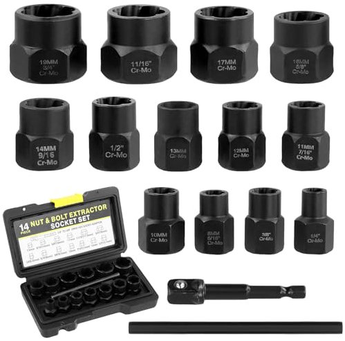 QWORK® Kit de 15 jeu de douilles spiralées, extracteurs de vis et d'écrous, extracteur de vis, idéal pour enlever les vis et boulons rouillés et usés.