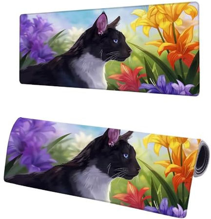 Mauspad XXL 800x400x3mm, Große Lilie Mousepad Schreibtischunterlage, Gaming Mauspad Katze, Erweiterter rutschfeste Gummibasis Tischunterlage Schreibtisch, Mouse Pad mit Vernähten Kanten Für Home S-3