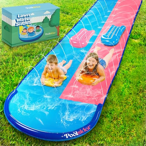 POOLSIDER Premium Double Slip and Slide Water Slide - 32.5 Ft 2-Lanes Pink & Blue Slip N Slide with 2 Bodyboards | Durable & Advanced Design - Heavy Duty Water Slides for Kids Backyard
