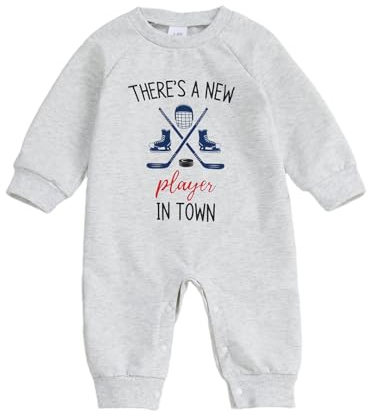 Sasaerucure Newborn Infant Baby Boy Game Day Outfit Hockey Onesie Jumpsuit One Piece Long Sleeve Romper Clothes (Gray, 3-6 Months)