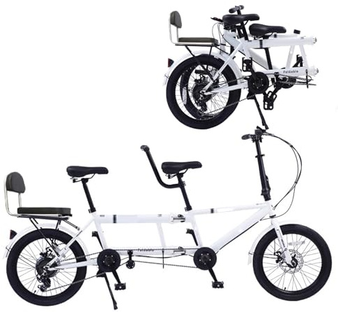 YYUINU Folding Tandem Bike, 20 Inch Tandem Bikes For Adults, 7 Speed 3 Person Foldable Bike, City Beach Cruiser Bikes With Adjustable 2-Seater Height And Dual Disc Brakes,White-20in