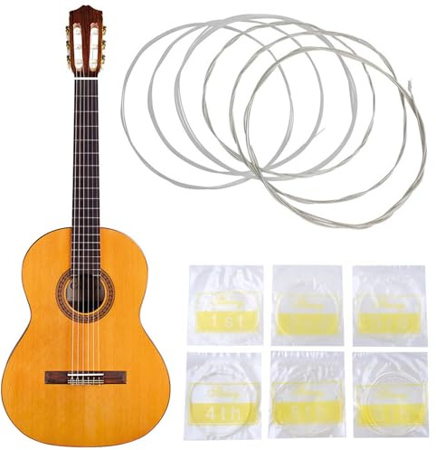 PARENCE.- Cordes pour guitare classique – set 6 cordes nylon 0.28/0.29/0.32/0.35/0.40/0.43 – cordes aigues nylon + basses enroulement argenté – ~105 cm