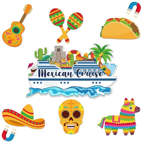 JAPBOR Cruise Door Decorations Magnetic - 7PCS Mexico Cruise Magnet, Mexican Ship Car Cabin Refrigerator Magnets Decal, Guitar Maraca Taco Skull Sombrero Pinata Fridge Sticker for Home Kitchen Decor