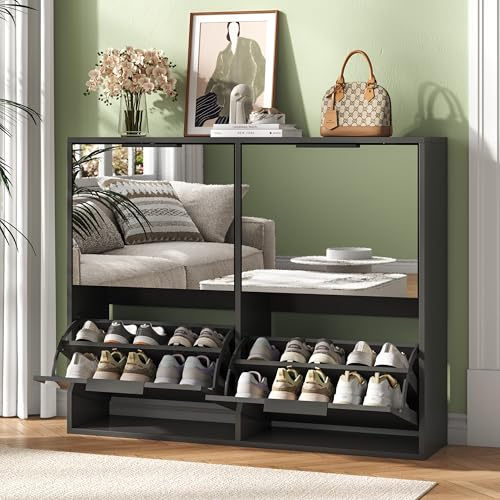 UEV Wide Mirror Shoe Cabinet with 4 Flip Drawers, Wall-Mounted Ventilated Storage Unit, Space-Saving Organizer for Hallway, Bedroom or Small Flats, Mirror Black