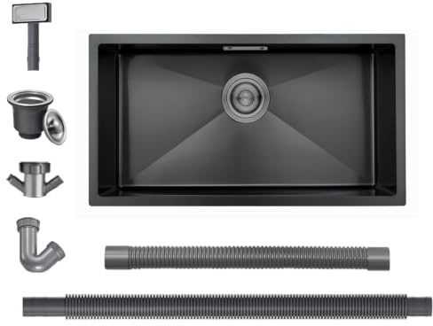 BoomHoze Fregadero Cocina 70 x 40 cm, Fregadero Acero Inoxidable，Negro | Fregadero Compatible Instalación sobre, bajo y a fleur de Encimera, Incluye Rebosadero y Cesta Filtro