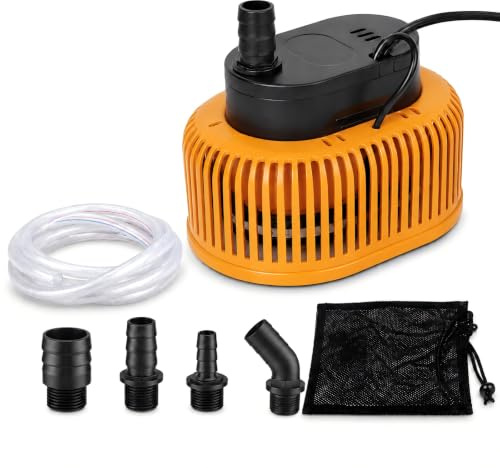 Zolirao 850 GPH Water Pump to Empty Pool, Auto On/Off, 5 m Hose, Orange | Automatic water-level sensor with 75W power, 7.5 m cord and 4 adapters for draining pool covers, hot tubs, ponds and tanks.