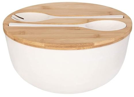 Generisch Insalatiera in posate da portata – Grandi ciotole in bambù massiccio, insalatiera con coperchio in bambù, cucchiaio per frutta, insalate e decorazioni (25,4 cm, bianco)