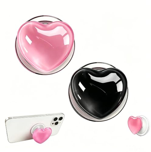 2 Pack Heart Shaped Phone Grip Stand – Clear Suction Cup Base (solid white & black)