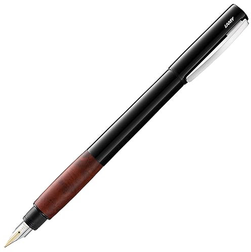 LAMY accent Füllhalter 098 – Füller im schwarzen, hochglänzenden Lack-Finish mit austauschbarem Griffstück aus Bruyère-Holz und 14 Kt. Goldfeder, partiell platiniert – Federstärke F