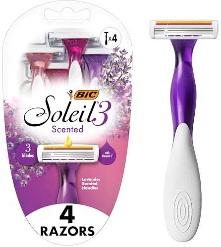 BIC Soleil 3 Scented Women's Disposable 3-Blade Razors, Moisture Strip with Vitamin E and Lavender Scented Handles, 4-Pack