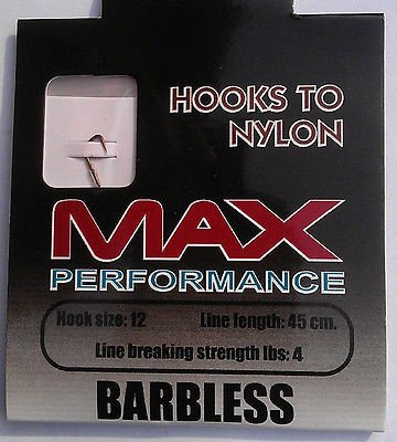 10 Hooks to Nylon 12-5LB Barbless size 10 12 14 16 18 20 MAX PERFORMANCE fishing line