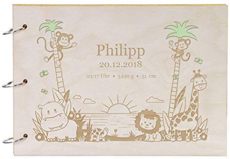 LAUBLUST Fotoalbum Baby personalisiert mit Gravur - Gästebuch für Babyparty aus Holz - Dschungel Motiv | natur, A4 Format - Erinnerungsbuch zum Selbstge | Geschenk zur Geburt & Taufe