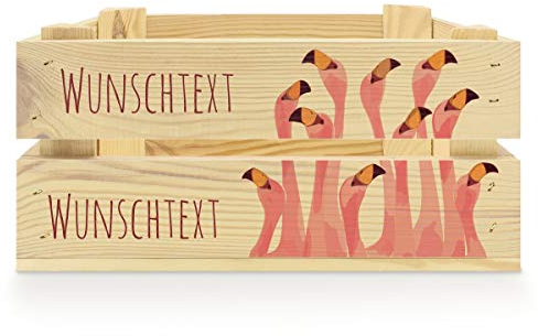 printplanet® - Holzkiste mit Name selbst gestalten - Holzkiste mit Text oder Wunschnamen Personalisieren und Bedrucken - Motiv : Flamingo