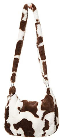 YIUOR Faux Fur Crossbody Bag Cow Print Women Plush Fluffy Furry Shoulder Tote Bag with Zipper Closure (Brown)