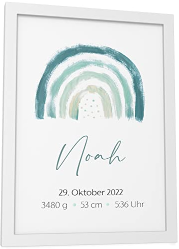 Papierschmiede® Geburtsposter, Name & Geburtsdaten personalisiert, DIN A5 (15x21 cm) Rahmen wählbar, Geburtsposter, Geburtsanzeige, Baby Geschenk Bild Geburt Jungen Mädchen - Regenbogen grün