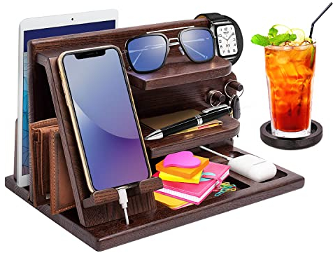 Festa del Papa Idee Regalo Uomo Docking Station in legno per smartphone Supporto portafoglio Supporto orologio Regalo Uomo Compleanno,Regalo Anniversario per Lui/Lei, Regalo Papa Festa del Papà