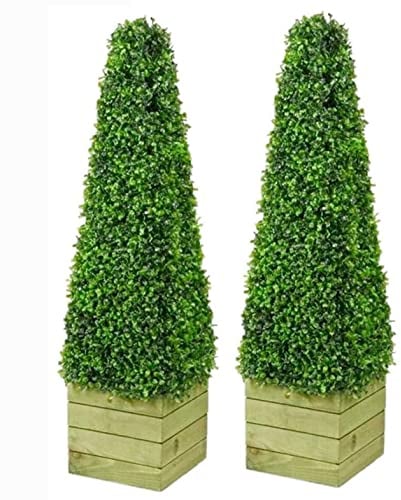 SASONS® Pair of 3Ft Pyramid Cone Tree, Quality Boxwood Planter Topiary Tree, Evergreen Artificial Plants/Trees Ideal for Indoor/Outdoor Decoration [2 x 3ft Pyramid Trees]