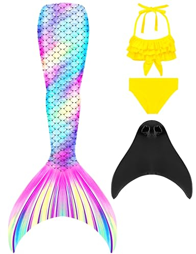 NAITOKE meerjungfrauenflosse mädchen Badeanzug - Meerjungfrau Flosse Bademode mit Bikini Set und Monoflosse Mermaid Tail, 4 Stück Set,XIaoYA,120