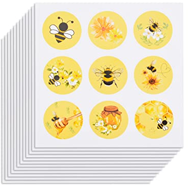 URROMA 20 Blatt Briefumschlag-Aufkleber, 180 Stück, Gelb, Bienenmuster, Selbstklebend, Wasserdicht, Runde Form, Indoor, Geschenkverpackungen, Hochzeitseinladungen, Paketversiegelung