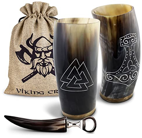 VIKING CRAFT Lot de 2 gobelets viking en corne à boire - Environ 350 ml + décapsuleur - Idéal pour les vikings, comme décoration viking, cadeau viking pour hommes et femmes, article de fan de Viking