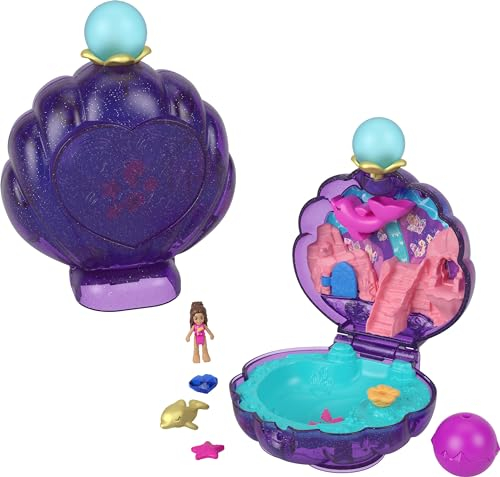Polly Pocket Puppen & Zubehör, Unterwasser-Lagunenmuschel Kompakt mit Mikro-Puppe & Ozeanhaustier, Reisespielzeug mit Wasserspiel