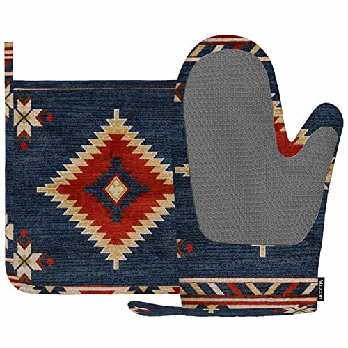 Mxocom Southwest Diamond Blue Red Hitzebeständige Ofenhandschuhe und Topflappen, indischer Stil auf blauem und rotem Hintergrund, Küche, rutschfest, zum Kochen, Backen, Grillen