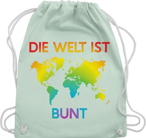 Turnbeutel Rucksack - LGBTQ Kleidung Pride Flag - Die Welt ist bunt – Regenbogen Farben - Unisize - Pastell Grün - sport beuteltasche sportbeutel stoffbeutel kordel baumwoll stoff mit beutel