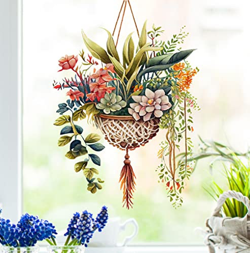 wolga-kreativ Fenstersticker Fensterbilder Glasdekorfolie Motiv Fensterfolie Fenstertattoo Bunte Blumen Hängepflanzen im Topf Deko Küchenfenster wiederverwendbar selbstklebend Sichtschutz