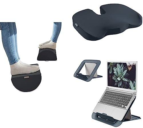 Set Leitz Schreibtisch-Fußstütze + Sitzkissen + Laptopständer, ideal im Home Office, reduzieren Nacken- & Rückenschmerzen, Schaumstoff mit Stoffbezug, IGR-zertifiziert, Ergo Cosy Serie, Samtgrau