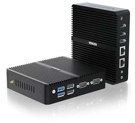 VENOEN lüfterlos Mini PC N100 Prozessor(up to 3.4GHz), Industrie PC N100 Fanless Design TDP 15W, WIN11 Pro Mini Desktop Computer, Wi-Fi, Dual HD + DP Triple Display, 2xRS232 COM, 16GB DDR4 512GB SSD