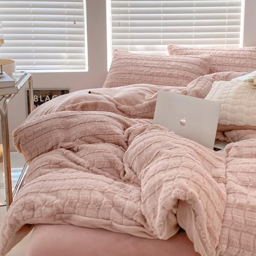 Lanqinglv Plüsch Bettwäsche 155x220 Kunstfell Rosa Flauschig Warme Flanell | ÖKO-TEX Zertifiziert,Winterbettwäsche für Allergiker,Cashmere Touch Biber Bettbezug 1 Kissenbezüge 80x80 mit Reißverschluss