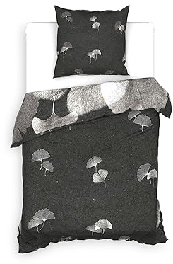 Heckett & Lane BCI Twill Bettwäsche 135x200 Debra Grey Blätter Gingko schwarz