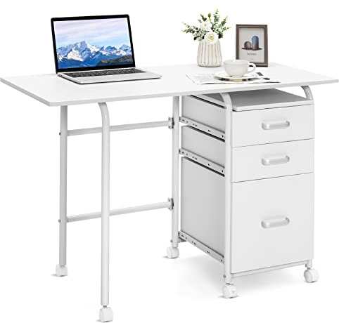 COSTWAY Klappbarer Computertisch mit 3 Schubladen und Rollen, Schreibtisch mit Metallrahmen, platzsparender Bürotisch, Klappschreibtisch für kleine Räume, 105 x 50 x 75 cm, Weiß