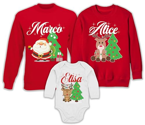 Felpe e Body Neonato Natale Maniche Lunghe Famiglia Nomi Personalizzabili Padre Madre Bimbo Bimba Set 3 Christmas