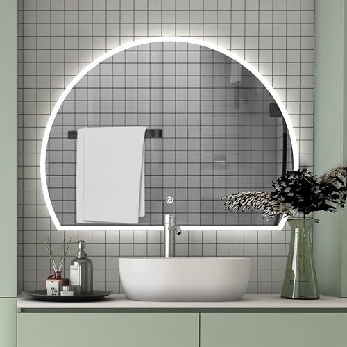 Badspiegel 80×60cm Halbkreis 3 Lichfarbe dimmbar Memory Wand/Touchschalter Anti-Beschlag Badezimmerspiegel mit LED Beleuchtung Spiegel Warm/Neutral/Kaltweiß Energiesparend Lichtspiegel IP44