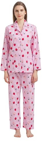 GLOBAL Set Pigiama da Donna 100% Cotone Manica Lunga Abbottonatura Pigiameria Femminile con Coulisse Set da Notte Morbido e Traspirante Pigiama da Donna,Rosa, Fragola,L