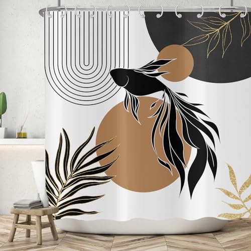 ASDCXZ Rideau de Douche Boho 120x200 cm, Style Boho Abstrait Moderne Carpe Koi Noire Feuilles d'or Fleurs Lavables Textile Rideau de Bain imperméable pour Baignoire avec 8 Crochets