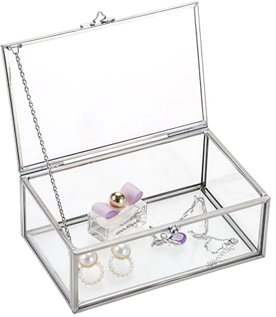 TOLIDA Pequeña caja de cristal vintage con tapa – Joyero rectangular, caja de exhibición de vidrio de mesa para joyas, anillos, pulseras, collares, caja de almacenamiento de vidrio (plata)