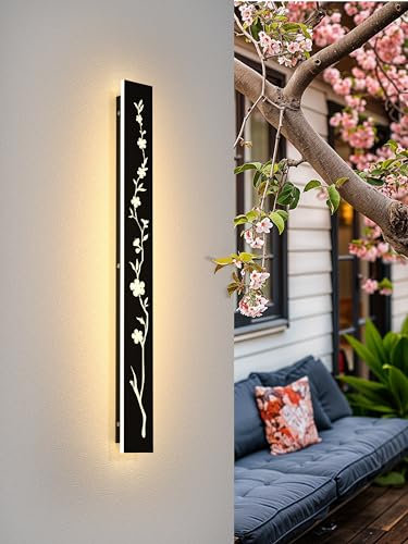 Led Lange Wandleuchte Schwarz 80cm Außenwandleuchte 25W IP67 Wasserdicht Villa Wandlampe 3000K Pfirsichblüten Design Lang Wandleuchten Außenwände Gärten Porch Treppe Terrassen Beleuchtung