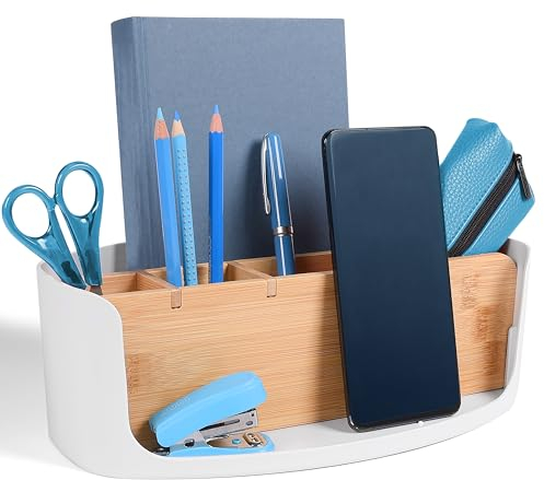 LIVONDO ECO Schreibtisch Organizer | Tisch- Büro- Kosmetik- Organizer | Handy & Tablet Halterung | Stiftehalter Schreibtisch | Briefablage| Büro Organizer | home office storage (Ellipse, weiß)