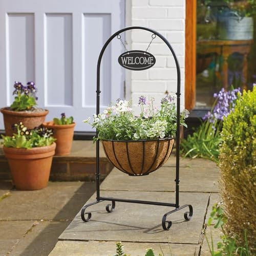 Classic Welcome Planter with Steel Frame, Hanging Sign, 30cm Basket & Liner – Indoor Outdoor Home Garden Plant Pot Decoration for Doorway, Entrance, Patio, Decking, Pathway, Yard – H80 x W39 x D31cm